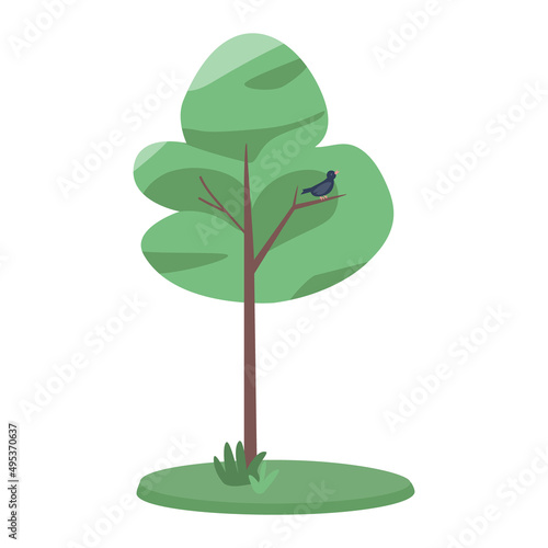 Tree with singing bird semi flat color vector object. Full sized item on white. Park and forest. Element of nature preserve simple cartoon style illustration for web graphic design and animation