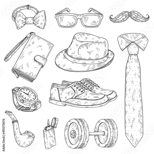 Men fashion accessories icons collection engraving vector illustration isolated.