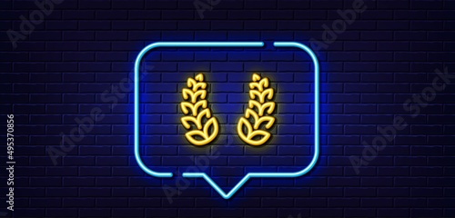 Neon light speech bubble. Laurel wreath line icon. Reward symbol. Winner award sign. Neon light background. Laurel wreath glow line. Brick wall banner. Vector photo