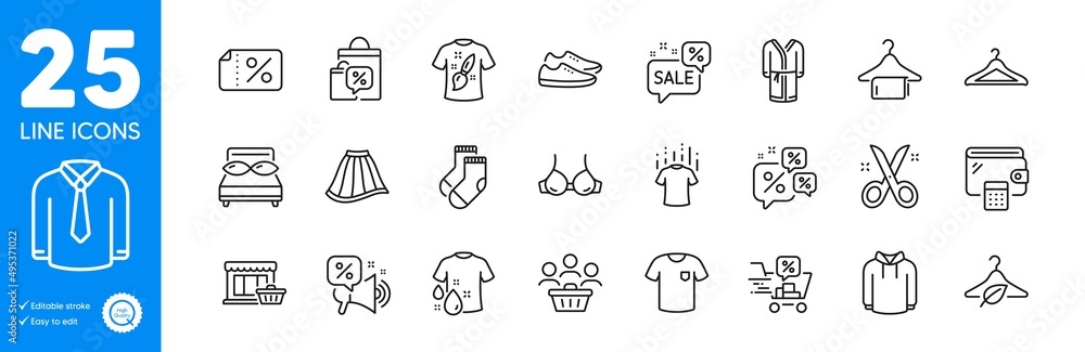 Outline icons set. Discounts offer, Discount banner and Buyers icons. Wallet, Dry t-shirt, Sale bags web elements. Scissors, T-shirt, Cloakroom signs. Discounts bubble, Hoody, Bra. Socks. Vector
