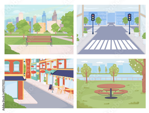 Urban areas flat color vector illustration set. Pedestrian crossing. Dining and shopping destination 2D simple cartoon landscapes and cityscapes with buildings on background collection