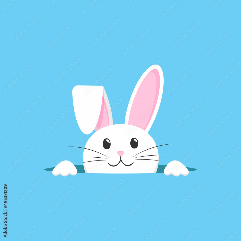 Cute vector bunny peeking out of the hole. Easter holiday. On a blue background Cute vector bunny peeking out of the hole. Easter holiday. On a blue background