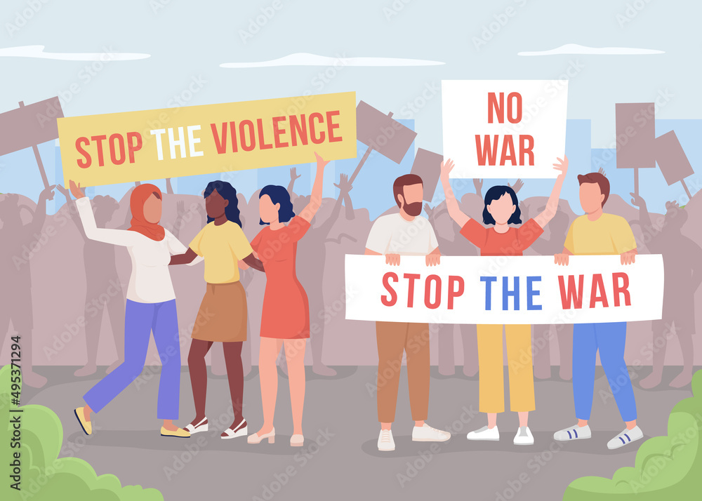 Protesting against War flat color vector illustration. Stop violence. No war. People fighting for human rights 2D simple cartoon characters with crowd on background. Bebas Neue font used