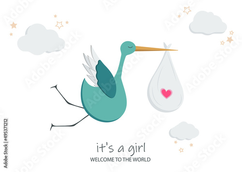 Cartoon green stork flies in the clouds with stars. In the beak is a bag of a newborn girl. There is a pink heart on the bag. Lettering it's a girl and welcome to the world.