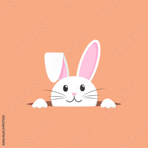 Cute vector bunny peeking out of the hole. Easter holiday. On a orange background	