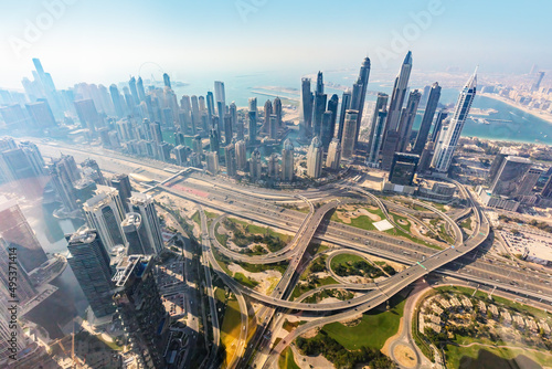 Photography Dubai aerial view of marina skyscrapers at sunset.