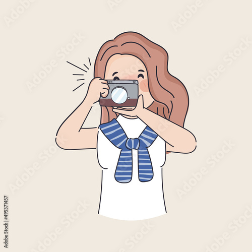 Hand drawn cute cartoon woman take a photo with camera character.