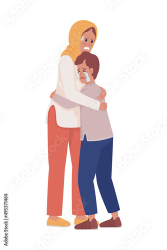Terrified mom and son semi flat color vector characters. Standing figures. Full body people on white. Crying and shocked family simple cartoon style illustration for web graphic design and animation