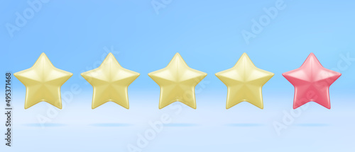 Five stars  yellow and red. The concept of rating reviews. Realistic 3d object design. Vector illustration.