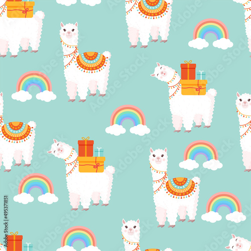 Seamless pattern with funny llamas with gifts, rainbow and clouds on a blue background. Vector illustration for baby texture, textile, fabric, poster, greeting card, decor. Cute alpaca from Peru.
