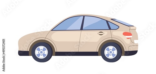 New car, side view. Hatchback auto. Automobile, modern road transport, vehicle with wheels. Abstract realistic model. Flat cartoon vector illustration isolated on white background