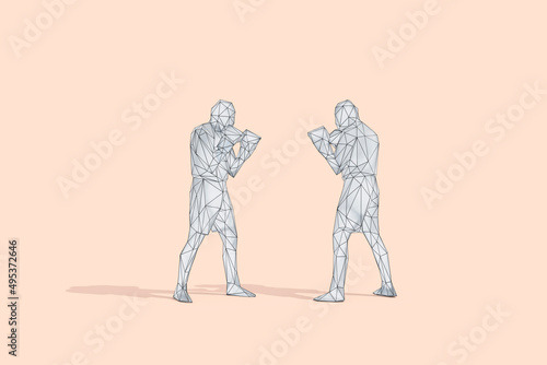 Low poly wireframe of two boxers fighting at studio photo
