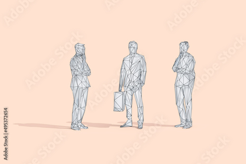 Low poly wireframe of businessman with suitcase by thoughtful colleagues in studio photo