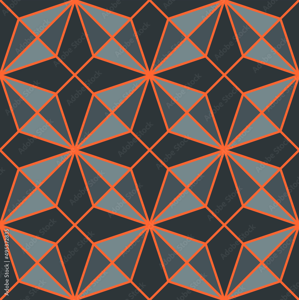 Star and and diagonal square shapes repeating geometric pattern in orange color outline with brown and gray fill, vector illustration