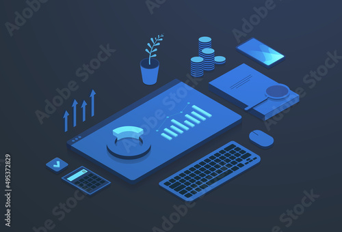 Ecommerce metrics, KPI Data analytics in Digital Marketing concept. Business dashboard with financial statistics, data analytics charts, graphs. Digital Transformation isometric vector illustration.