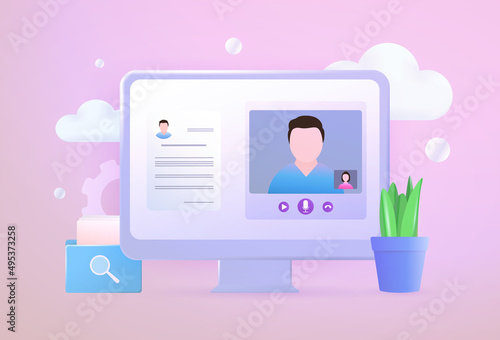 Remotely Job interview by video conference call 3d vector illustration. Business discussion and online hiring and recruitment of employees concept