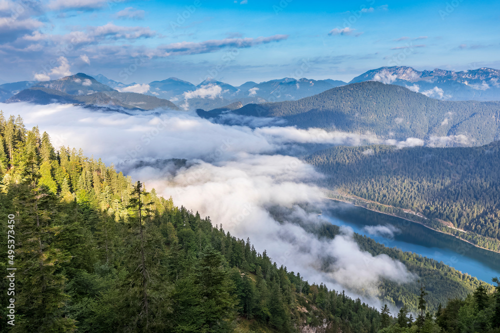 View of Sylvenstein Reservoir shrouded in thick fog View of Sylvenstein Reservoir shrouded in thick fog