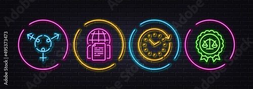 Time change, Internet documents and Genders minimal line icons. Neon laser 3d lights. Justice scales icons. For web, application, printing. Clock, Web page, Inclusion. Judgement medal. Vector
