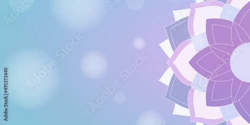 Floral modern mandala pattern on blurred bokeh background. Horizontal zen meditation and calm yoga banner with copy space for your text.