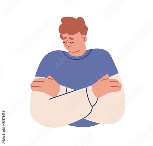Sad depressed person in despair, feeling loneliness. Frustrated man suffering from melancholy mood. Guy in sorrow, grief and anguish. Flat graphic vector illustration isolated on white background