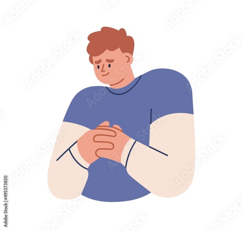 Shy ashamed person feeling guilty, sorry. Embarrassed confused man regretting. Sense of guilt, psychology concept. Regretful face expression. Flat vector illustration isolated on white background