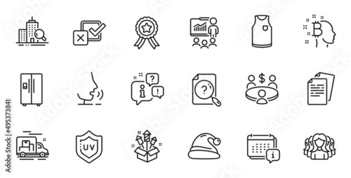 Outline set of Inspect, Checkbox and Refrigerator line icons for web application. Talk, information, delivery truck outline icon. Include Uv protection, T-shirt, Calendar icons. Vector