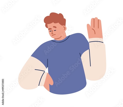 Sceptic refusing with hand, palm gesture, saying no, stopping smth. Skeptical person rejecting in distrust. Rejection and refusal, mute sign. Flat vector illustration isolated on white background