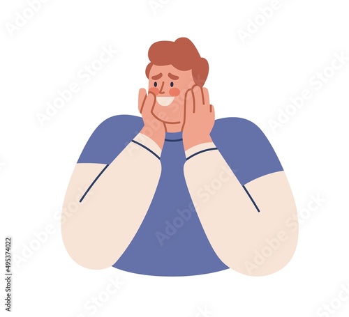 Enamored embarrassed man falling in love, turning red. Shy confused charmed person admiring, feeling sentiment emotions, looking with adoration. Flat vector illustration isolated on white background