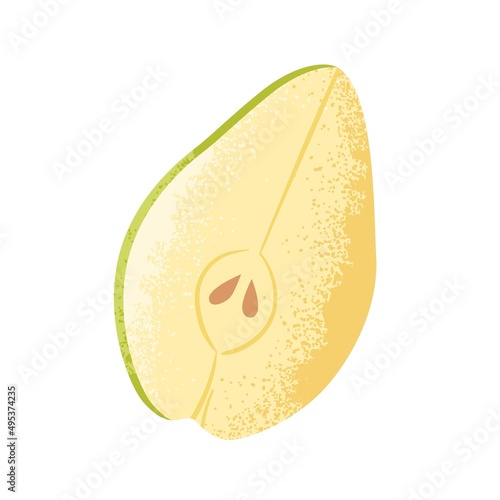 Fresh pear piece. Ripe fruit slice, cut half with seeds. Healthy vitamin summer food. Natural raw dessert, cross section. Textured flat vector illustration isolated on white background
