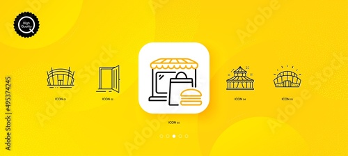 Circus, Food market and Sports stadium minimal line icons. Yellow abstract background. Open door, Arena stadium icons. For web, application, printing. Vector