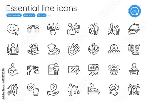 Job interview, Volunteer and Social distancing line icons. Collection of Coronavirus injections, Rotation gesture, Presentation icons. Share, Checkbox, Social responsibility web elements. Vector