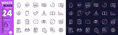 Histogram, Certificate and Tick line icons for website, printing. Collection of Drums, Recovery photo, Safe time icons. Fake news, Correct answer, Stress web elements. Bicolor outline icon. Vector