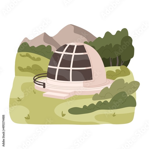 Modern bubble house in nature. Glass dome-shaped bubblehouse exterior for glamping outdoors. Outside of comfortable semi-sphere home in forest. Flat vector illustration isolated on white background