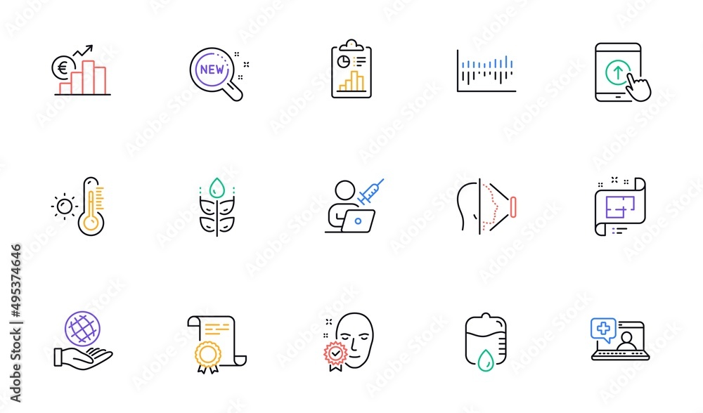 Column diagram, Vaccination appointment and Face verified line icons for website, printing. Collection of Certificate, Medical help, Report icons. Gluten free, Euro rate. Vector Column diagram, Vaccination appointment and Face verified line icons for website, printing. Collection of Certificate, Medical help, Report icons. Gluten free, Euro rate. Vector