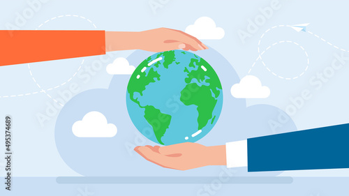 Saving the planet. Environmental protection. Flat illustration. Hands of man and woman hold the planet. Natural resources protection. Metaphor of environmental friendliness. Vector flat illustration