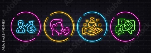 Sallary, Cough and Chemistry lab minimal line icons. Neon laser 3d lights. Time management icons. For web, application, printing. Person earnings, Coronavirus symptom, Laboratory. Office chat. Vector
