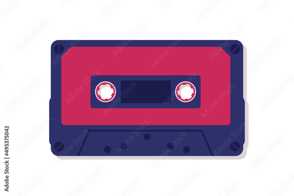 Retro music audio cassette illustration isolated. Analog compact music tape analogue technology. Vector.