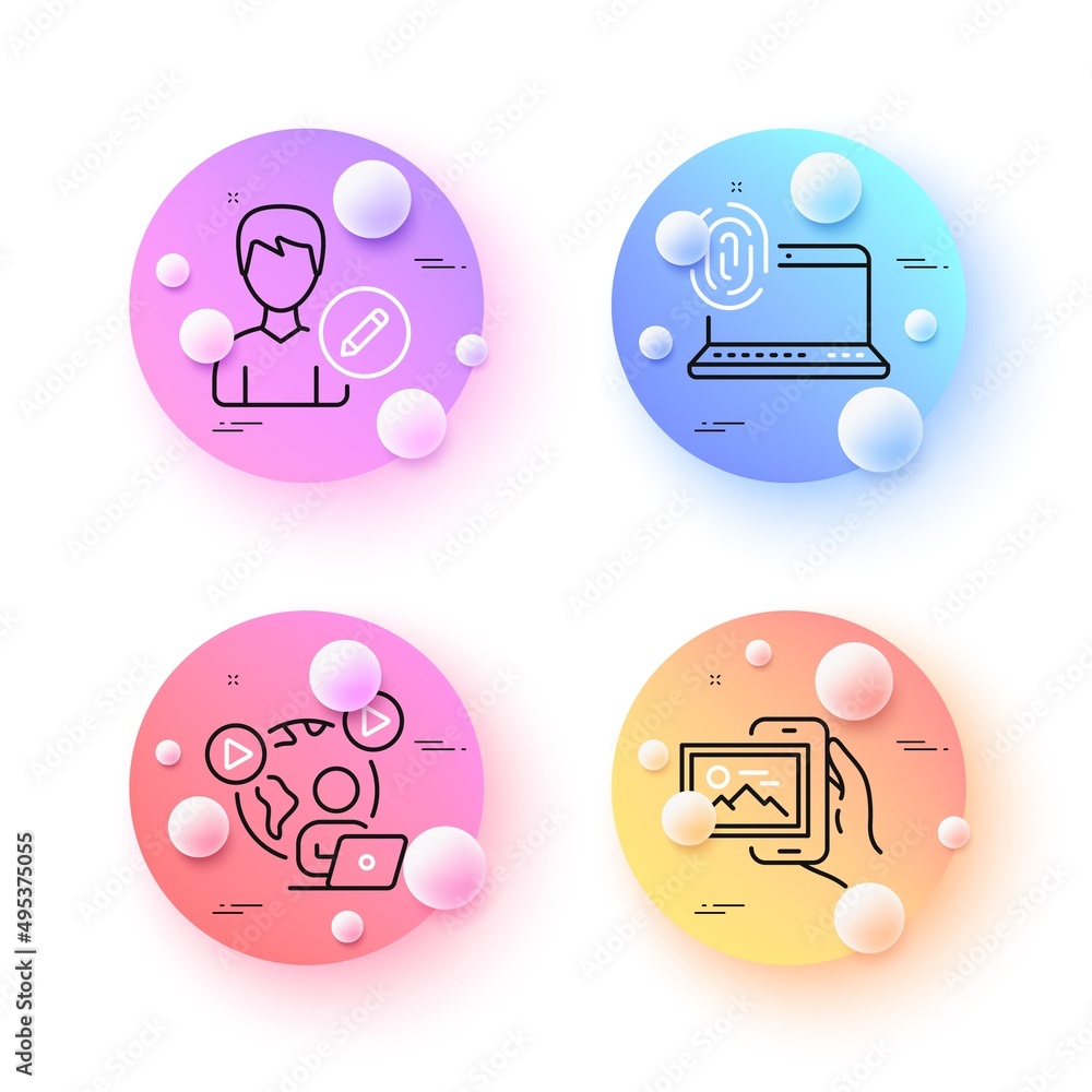 Video conference, Edit person and Computer fingerprint minimal line icons. 3d spheres or balls buttons. Image album icons. For web, application, printing. Vector Video conference, Edit person and Computer fingerprint minimal line icons. 3d spheres or balls buttons. Image album icons. For web, application, printing. Vector