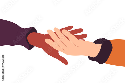 Helping hands. Racial solidarity. A black hand reaching a white hand. Hand holding another hand. Illustration isolated on a white background. Two hands reaching each other.. Vector.