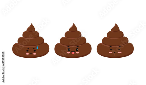 Poop cute funny excrement tense and happy character cartoon emoticon set isolated on white background. Kawaii brown heap of shit emoji. Flat design vector clip art baby poo with faces illustration.