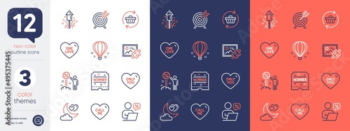 Set of One love, Only you and Online discounts line icons. Include Winner ticket, Love night, Discount icons. Air balloon, Puzzle image, Fireworks web elements. Call me, Archery, Refresh cart. Vector