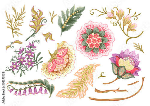 Fantasy flowers in retro, vintage, jacobean embroidery style. Element for design. Vector illustration.