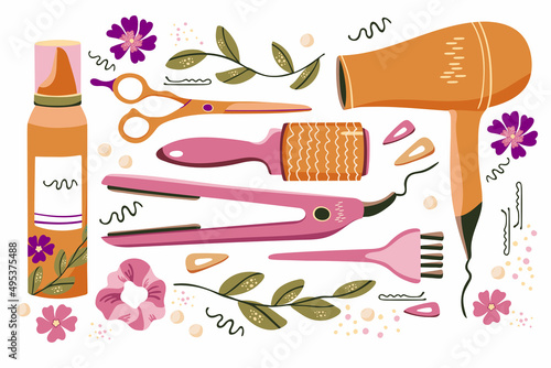 Hand drawn hairdresser tools for a beauty salon, hairdresser or stylist. Decorative set of vector illustration