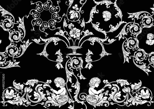Seamless pattern, background In baroque, rococo, victorian, renaissance style. Trendy frolar vintage pattern. In white and black vector illustration