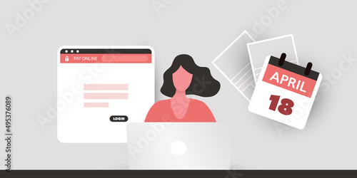 Tax Day Reminder Concept - Using Internet, App, Web Site for IRS Federal Income Tax Document Return - Woman Behind a Laptop - USA Tax Deadline, Due Date: 18th April, Year 2023