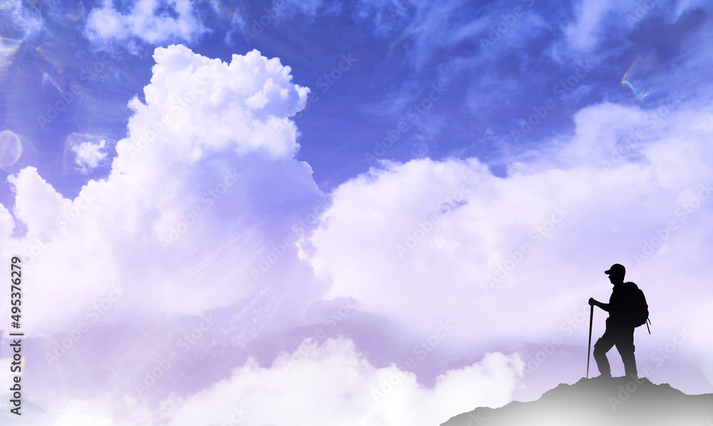 Success achievement concept. Silhouette of person standing on top of mountain. Success achievement concept. Silhouette of person standing on top of mountain.