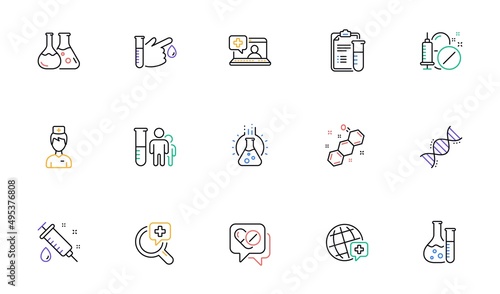 Medical healthcare, doctor line icons. Drug testing, scientific discovery and disease prevention icons. Chemical formula, chemistry testing lab. Linear set. Bicolor outline web elements. Vector