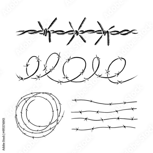 Barbed wire spiral, round, fence. Painted in black ink brush texture. Grunge style