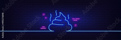 Neon light glow effect. Feces line icon. Pets excrement sign. Poop or turd symbol. 3d line neon glow icon. Brick wall banner. Feces outline. Vector