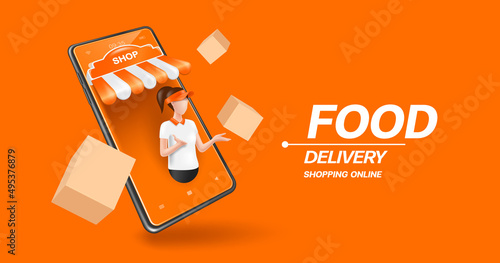food delivery woman standing on smartphone shop and making gestures and talking Invitation to order food online And there are food boxes or parcel boxes floating around,vector character 3d 